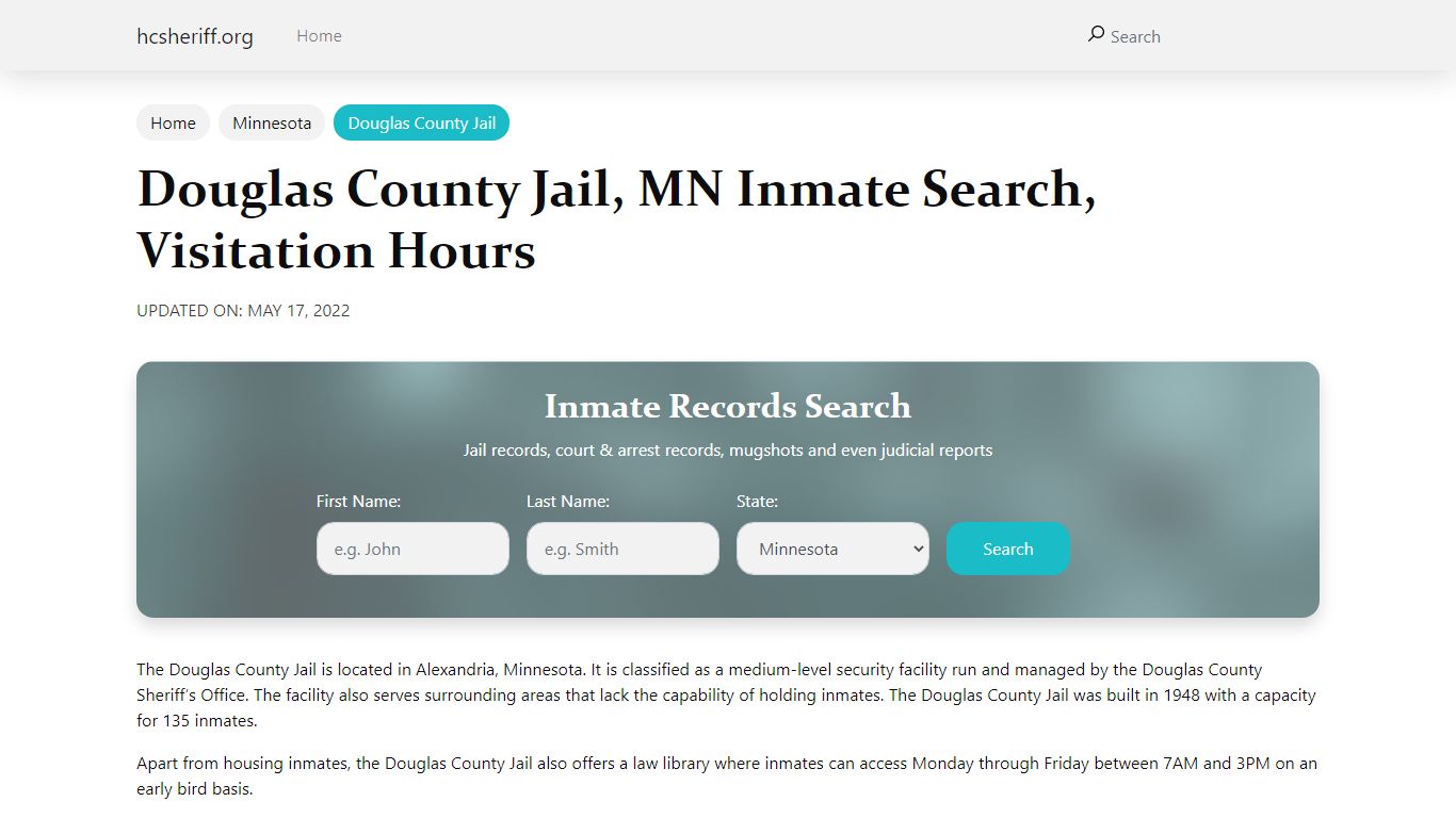 Douglas County Jail, MN Inmate Search, Visitation Hours